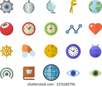 Color flat icon set tool flat vector, cookbook, earth, scatter chart, clock, heart, eye, moon, globe, cogwheel, bowling ball, fitball, pills, fector, disco, broadcast, steering wheel