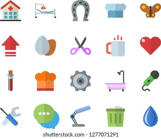 Color flat icon set tool flat vector, shower, cook hat, scissors, egg, tea, horseshoe, butterflies, chat, blood test, hospital, bed, reading lamp, cogwheel, upload, trash can, microphone, heart