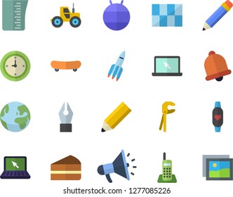 Color flat icon set tool flat vector, tile, meashuring cup, piece of cake, tractor, mouthpiece, clock, ink pen, telephone, laptop, pencil, rocket, skateboard, fitball, fitness bracelet, earth fector