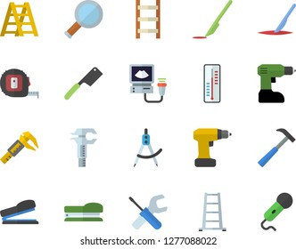 Color flat icon set tool flat vector, drill screwdriver, tape measure, ladder, hammer, knives, thermometer, trammel, dividers, ultrasound, scalpel, stapler, magnifier, microphone