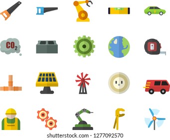 Color Flat Icon Set Tool Flat Vector, Saw, Tape Measure, Pipes, Level Meter, Brick, Windmill, Solar Battery, Earth, Socket, Construction Worker, Electric Cars, Carbon Dioxide, Robotics, Cogwheel