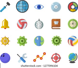 Color flat icon set tool flat vector, meat hammer, cookbook, earth, cogwheel, scatter chart, eye, clock, clircle diagram, target, bowling ball, volleyball, disco fector, bell, steering wheel, globe