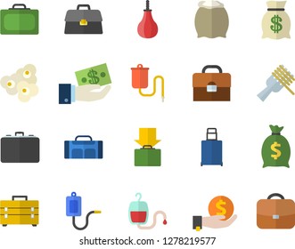 Color flat icon set tool bag flat vector, flour, spaghetti on a fork, popcorn, case, investments, wealth, medical warmer, blood transfusion, briefcase, sports pear, sport, suitcase fector