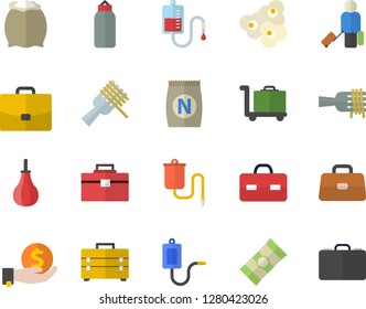 Color flat icon set tool bag flat vector, flour, spaghetti, on a fork, popcorn, fertilizer vectory, case, investments, medical warmer, blood transfusion, briefcase, sports pear, luggage fector