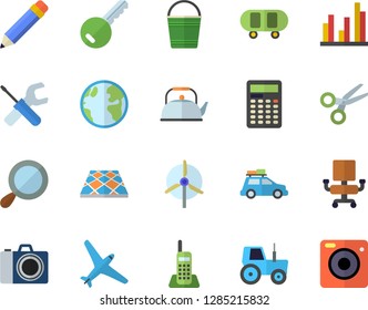 Color flat icon set tool flat vector, flooring, teapot, tractor, bucketful, earth, statistic, telephone, office chair, pencil, calculator, windmill, skateboard, aircraft fector, car, camera, key