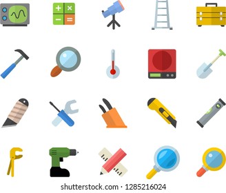 Color flat icon set tool flat vector, drill screwdriver, bag, level meter, measure, stationery knife, hammer, weighing machine, knives, temperature, shovel, ladder, magnifier, calculator, telescope