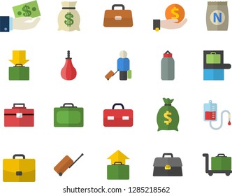 Color flat icon set tool bag flat vector, fertilizer vectory, case, investments, wealth, blood transfusion, briefcase, sports pear, luggage fector, suitcase, baggage claim, get, hand, trolley