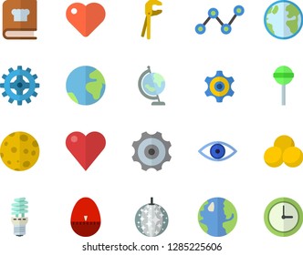 Color flat icon set tool flat vector, kitchen egg timer, cookbook, lollipop, earth, cogwheel, energy saving lamp, scatter chart, heart, eye, moon, globe, pills, fector, disco ball, clock