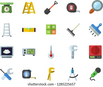 Color flat icon set tool flat vector, tape measure, ladder, level meter, putty knife, weighing machine, temperature, shovel, rake, dividers, trammel, magnifier, calculator, ultrasound, oscilloscope