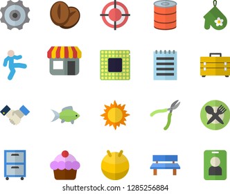 Color flat icon set tool bag flat vector, potholder, cake, canned food, coffee beans, fish, sun, bench, store front, target, archive, agreement, notepad, cpu, cogwheel, fitball, gymnastics, pass