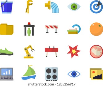 Color flat icon set tool flat vector, barrier, electric stove, orange, bucketful, hose irrigation, sailboat, eye, embryo, tomograph, computer file, target, spark, industrial robot, sneakers, gallery