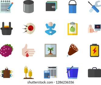 Color flat icon set tool flat vector, calculator, hiking pot, ham, blackberry, ear, bucketful, battery, pipe production, metallurgy, purse, injury, diagnostics, artificial insemination, meeting
