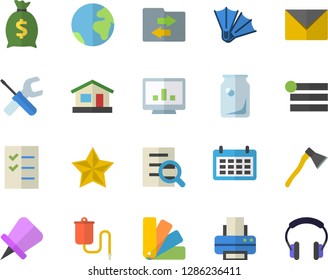 Color flat icon set tool flat vector, color scheme, ax, house, glass bottles, wealth, calendar, medical warmer, computer chart, magnifier, to do list, printer, earth fector, flippers, menu, envelope