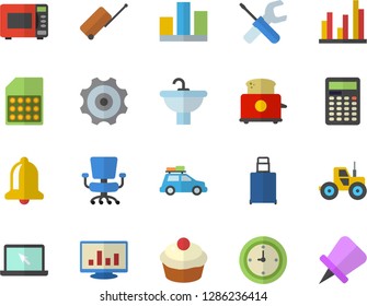 Color flat icon set tool flat vector, sink, microwave, toaster, cupcake, tractor, SIM card, computer chart, clock, statistic, office chair, laptop, cogwheel, calculator, car fector, luggage, bell