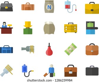 Color flat icon set tool bag flat vector, flour, spaghetti, on a fork, fertilizer vectory, case, medical warmer, blood transfusion, briefcase, sports pear, sport, luggage fector, baggage claim, get