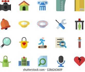 Color flat icon set tool flat vector, meashuring cup, apron, dish, main pipeline, blood test, notebook, magnifier, Treadmill, antique column fector, control gate, hospital, bell, house, microphone