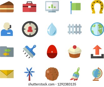 Color Flat Icon Set Tool Bag Flat Vector, Putty Knife, Kitchen Egg Timer, Cupcake, Piece Of Cake, Cutlet, Windmill, Horseshoe, Paint Brush, Earth, Radiator, Target Audience, Flag, Computer Chart