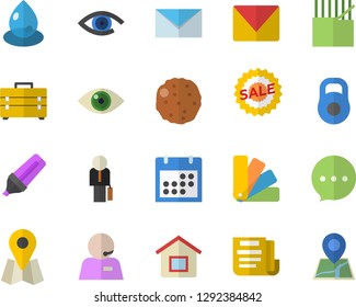 Color flat icon set tool bag flat vector, color scheme, cutlet, drop, fabric manufacture, location, marker, sell out, calendar, document, phone operator, businessman, mail, weight, house, chat, eye