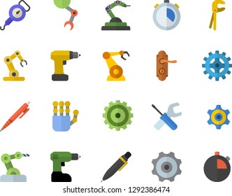 Color flat icon set tool flat vector, drill screwdriver, door lock, spring balance, cogwheel, robotics, pen, robot hand, industrial, stopwatch