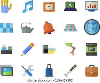 Color flat icon set tool flat vector, tile, flooring, teapot, electric stove, blender, earth, clock, computer chart, office worker, laptop, pencil, robot hand, hotel first line fector, luggage, bell