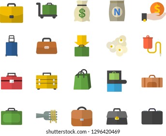 Color flat icon set tool bag flat vector, spaghetti on a fork, popcorn, fertilizer vectory, case, investments, wealth, bags, medical warmer, briefcase, sport, suitcase fector, baggage claim, trolley