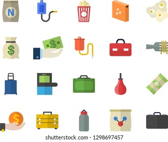 Color flat icon set tool bag flat vector, groats, spaghetti, on a fork, popcorn, fertilizer vectory, investments, wealth, medical warmer, briefcase, sports pear, suitcase fector, baggage claim, case