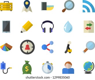 Color Flat Icon Set Tool Bag Flat Vector, Color Scheme, Target Audience, Wealth, Medical Warmer, Pencil, Businessman, Magnifier, Hotel First Line Fector, Location, Share, Broadcast, File Sharing