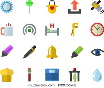 Color flat icon set tool flat vector, cook hat, apron, gas, lollipop, tea, marker, blood test, hospital bed, pen, satellit, weighing machine, control gate fector, bell, broadcast, upload, clock, eye