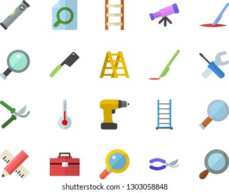 Color flat icon set tool flat vector, drill screwdriver, bag, ladder, level meter, measure, knives, temperature, secateurs, scalpel, magnifier, telescope