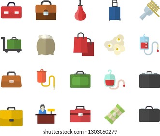 Color flat icon set tool bag flat vector, flour, spaghetti, on a fork, popcorn, case, bags, medical warmer, blood transfusion, briefcase, sports pear, suitcase fector, luggage, trolley