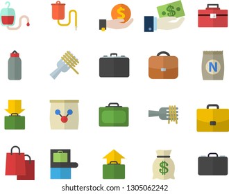 Color flat icon set tool bag flat vector, spaghetti on a fork, fertilizer vectory, case, investments, wealth, bags, medical warmer, blood transfusion, sports pear, suitcase fector, baggage claim