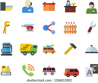 Color flat icon set tool flat vector, hammer, refueling, accumulator, wrench, radiator, telephone operator, phone call, trucking, cash machine, ambulance, helicopter, hotel first line fector, jingle
