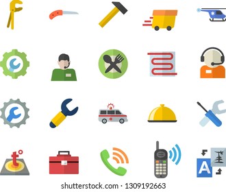 Color flat icon set tool flat vector, bag, repair, warm floor, hammer, dish, knife, wrench, telephone operator, phone call, express delivery, ambulance, helicopter, table setting fector, translate