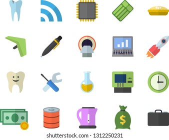 Color flat icon set tool flat vector, electric kettle, canned food, pie, rocket, cash, wealth, medical analysis, tomograph, tooth, caries, pen, computer, cpu, hang glider fector, dispenser, clock