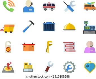 Color flat icon set tool flat vector, repair, warm floor, hammer, dish, accumulator, wrench, phone call, express delivery, cash machine, ambulance, operator, transfer fector, do not disturb