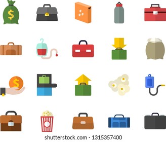 Color flat icon set tool bag flat vector, flour, groats, popcorn, investments, wealth, medical warmer, blood transfusion, briefcase, sports pear, sport, baggage claim fector, get luggage, hand, case