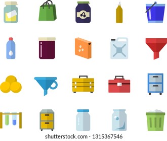 Color flat icon set tool bag flat vector, groats, glass jar, jam, mustard, bucketful, canister, bottles, funnel, bags, medical analysis, archive, beakers, pills, water, trash can
