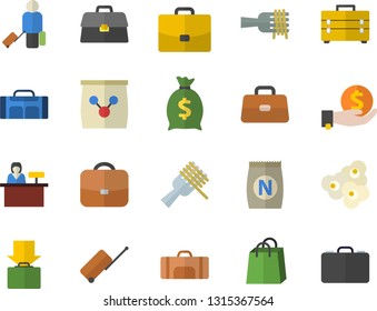 Color flat icon set tool bag flat vector, spaghetti on a fork, popcorn, fertilizer vectory, case, investments, wealth, bags, briefcase, sport, luggage fector, get, reception desk
