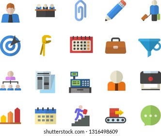 Color flat icon set tool flat vector, conveyor, funnel, person, calendar, news, cash machine, briefcase, target, meeting, pencil, hierarchy, stamp, career ladder, achievement chart, luggage fector