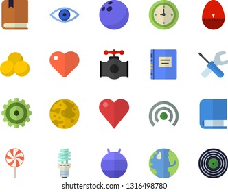 Color flat icon set tool flat vector, kitchen egg timer, lollipop, main pipeline, earth, energy saving lamp, cogwheel, heart, eye, clock, book, moon, textbook, bowling ball, fitball, pills, target
