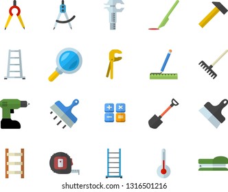 Color flat icon set tool flat vector, drill screwdriver, tape measure, ladder, putty knife, hammer, temperature, shovel, rake, dividers, trammel, magnifier, calculator, scalpel, stapler