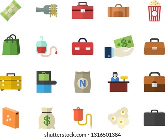 Color flat icon set tool bag flat vector, groats, spaghetti, on a fork, popcorn, fertilizer vectory, investments, wealth, bags, medical warmer, blood transfusion, briefcase, sport, reception desk