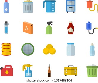 Color flat icon set tool bag flat vector, meashuring cup, groats, glass jar, sieve, ketchup, sauce, pulverizer, oil tanks, canister, medical warmer, archive, beakers, pills, water, trash can