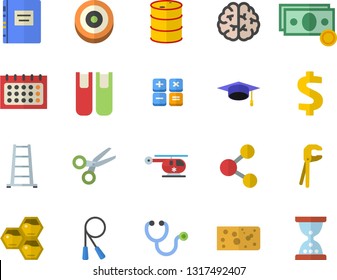 Color flat icon set tool flat vector, cheese, honeycomb, ladder, oil tanks, cash, dollar, calendar, calculator, stethoscope, helicopter, book, bachelor cap, textbook, brain, skipping rope, target