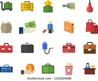 Color flat icon set tool bag flat vector, flour, groats, spaghetti on a fork, popcorn, case, investments, bags, medical warmer, briefcase, sports pear, sport, luggage fector, suitcase, hand, trolley