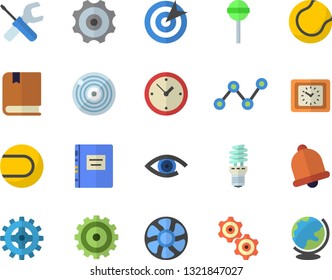 Color flat icon set tool flat vector, lollipop, ventilation, cogwheel, energy saving lamp, scatter chart, clock, target, textbook, tennis ball, bell, eye, globe