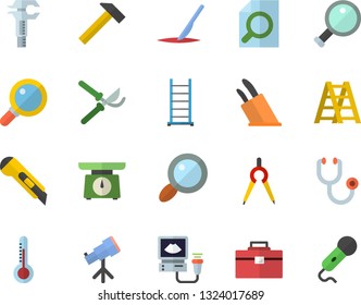 Color flat icon set tool bag flat vector, ladder, stationery knife, hammer, weighing machine, knives, thermometer, secateurs, dividers, trammel, magnifier, stethoscope, ultrasound, scalpel