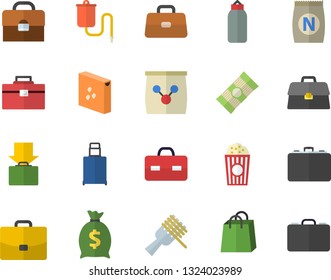 Color flat icon set tool bag flat vector, groats, spaghetti, on a fork, popcorn, fertilizer vectory, case, wealth, bags, medical warmer, briefcase, sports pear, get luggage fector