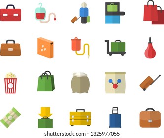 Color flat icon set tool bag flat vector, flour, groats, spaghetti, popcorn, fertilizer vectory, bags, medical warmer, blood transfusion, briefcase, sports pear, luggage fector, baggage claim, get