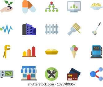 Color flat icon set tool flat vector, spaghetti on a fork, pie, ice cream, seedlings, refueling, radiator, store front, computer chart, office building, oscilloscope, classification, achievement